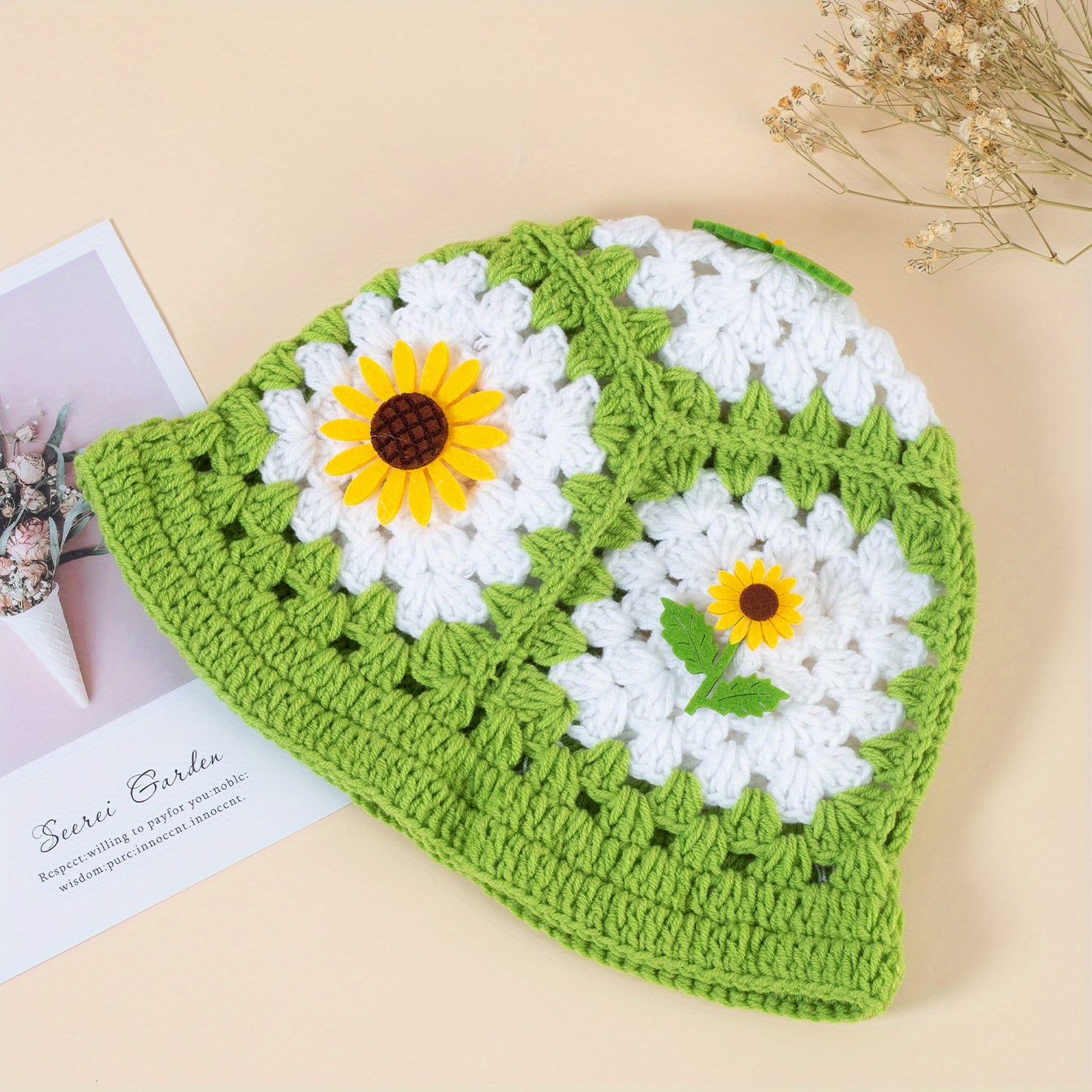 Sunflower Decor Block Beanie Crochet Bucket Hat Hollow Breathable Cloche