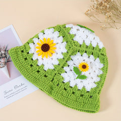 Sunflower Decor Block Beanie Crochet Bucket Hat Hollow Breathable Cloche