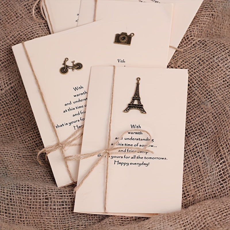 8pcs Christmas Greeting Cards Set With Envelopes & Twine - Vintage Brass Pendant