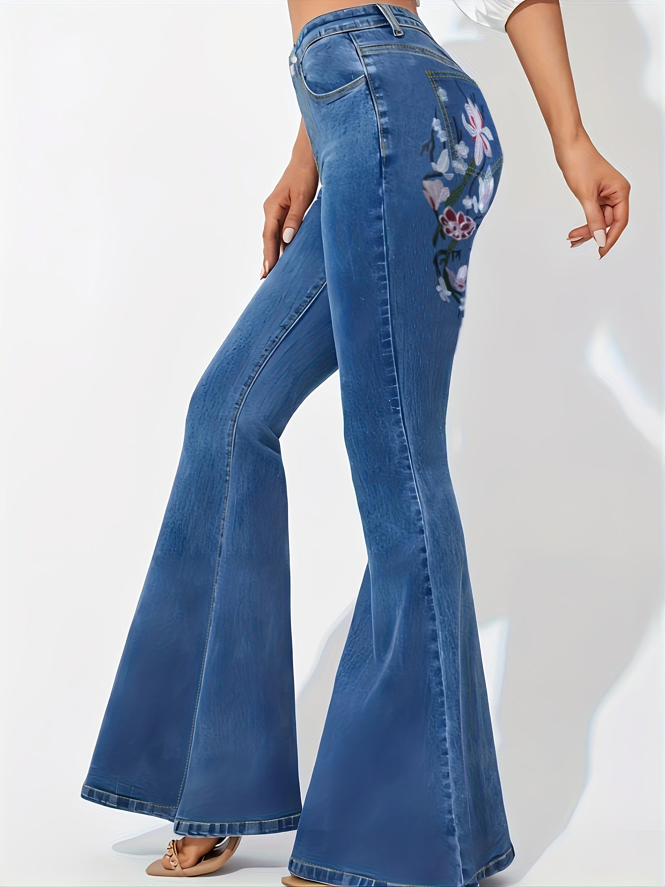 Floral Print High Rise Flared Leg Jeans