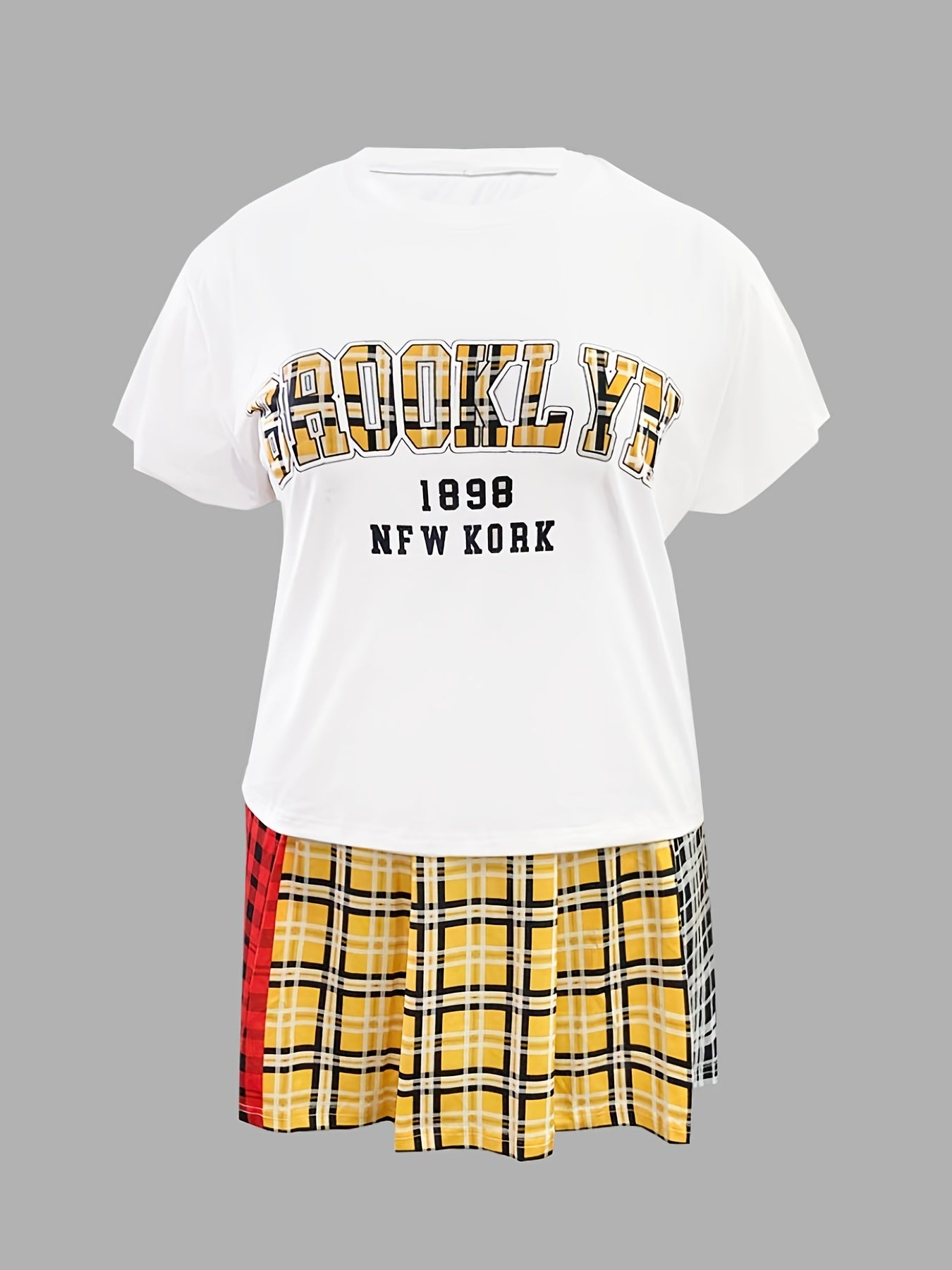  Plaid & Letter Print Tee & Mini Skirt Set