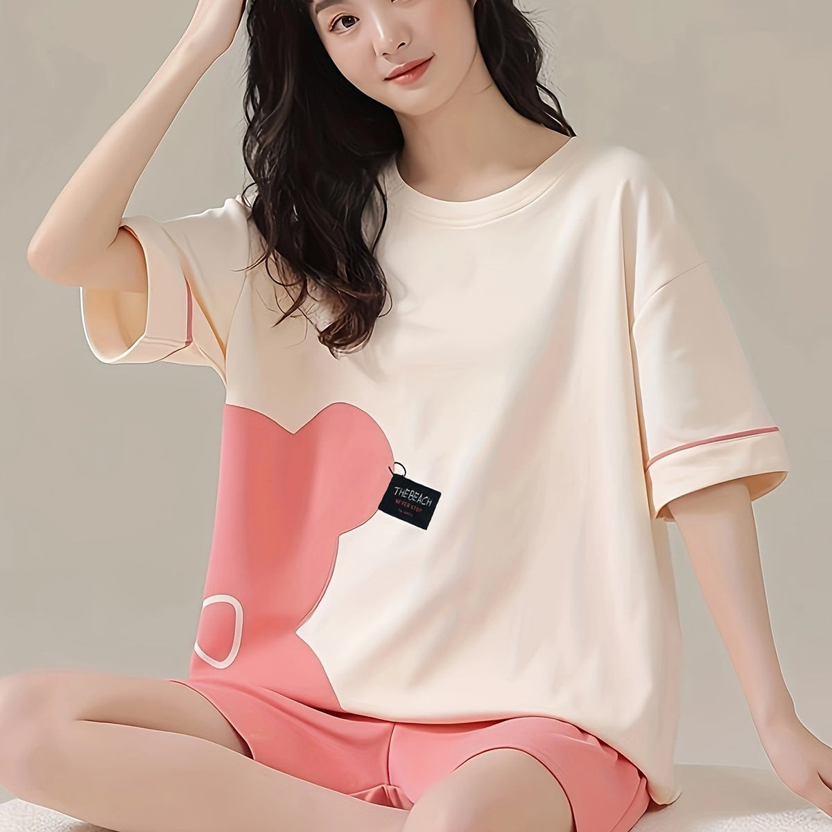 Bear Print Pajama Set Short Sleeve Crew Neck Top & Shorts