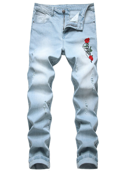 Men's Rose Embroidery Ripped Washed Jeans Streetwear Denim Pants