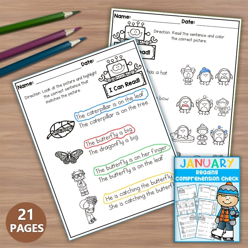 January Reading Comprehension Workbook for Kids - Matching & Coloring Fun