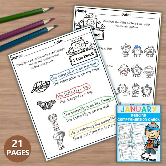 January Reading Comprehension Workbook for Kids - Matching & Coloring Fun