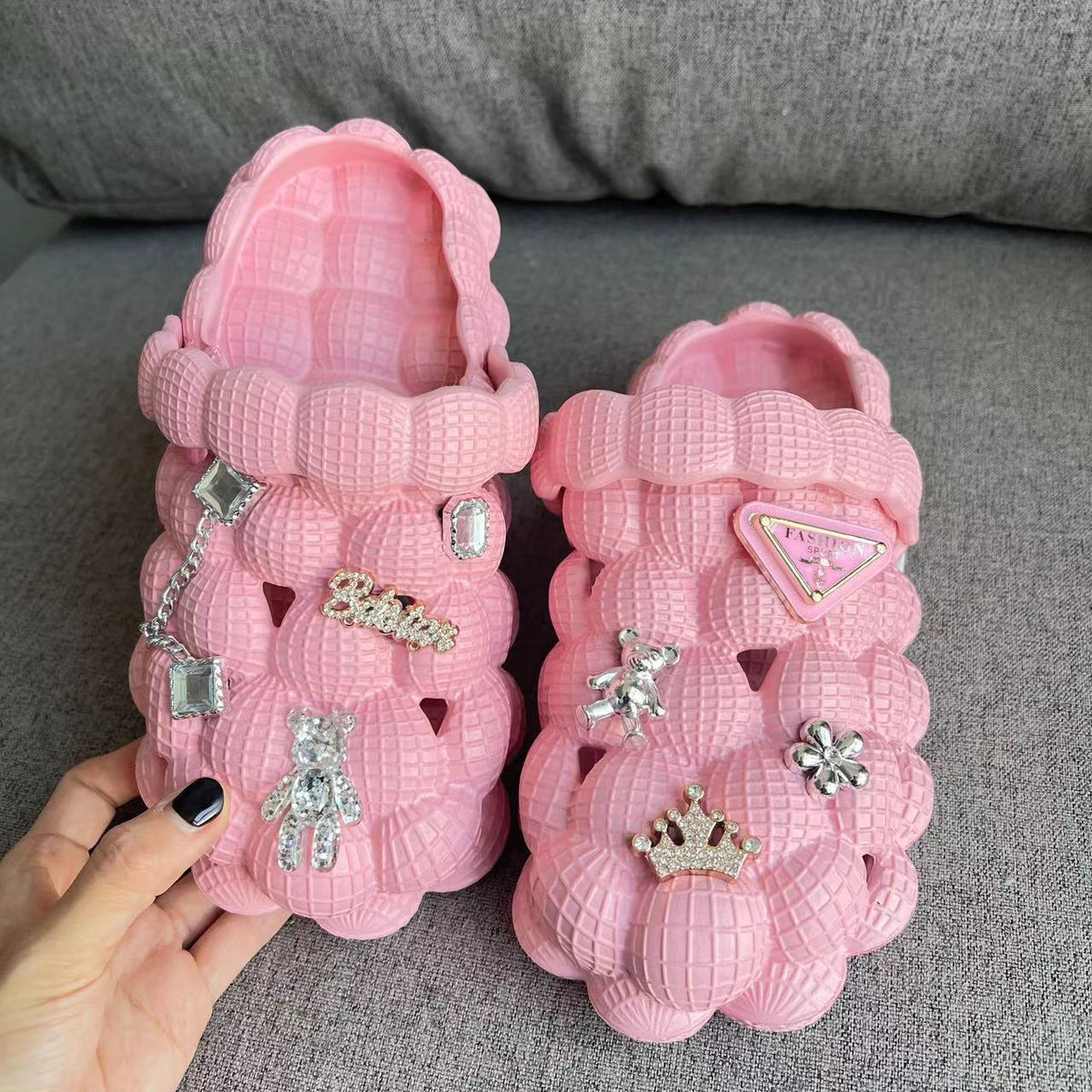 Women's Lychee Bubble Clogs Bear Chain Accessaries Closed Toe Slide Shoes