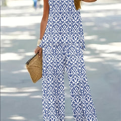 Ikat Print Boho 2pc Set Chain Linked Sleeveless Top & Wide Leg Pants