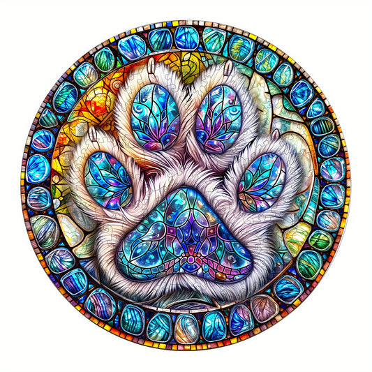 Colorful Paw Print Wooden Jigsaw Puzzle Animal Shapes Stained Glass Style
