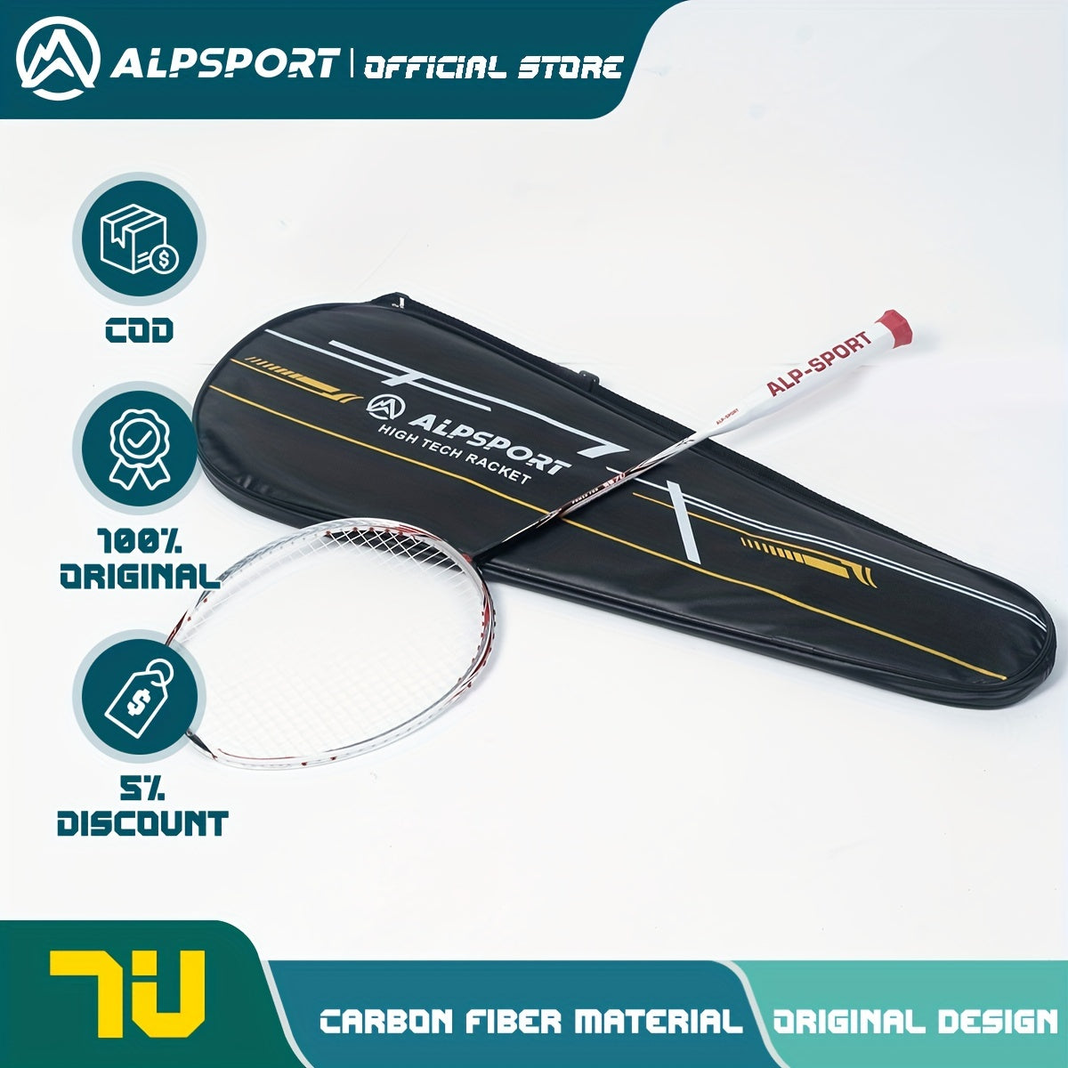 ALPSPORT TJ 7U 100 Carbon Badminton Racket + Bag + Overgrip