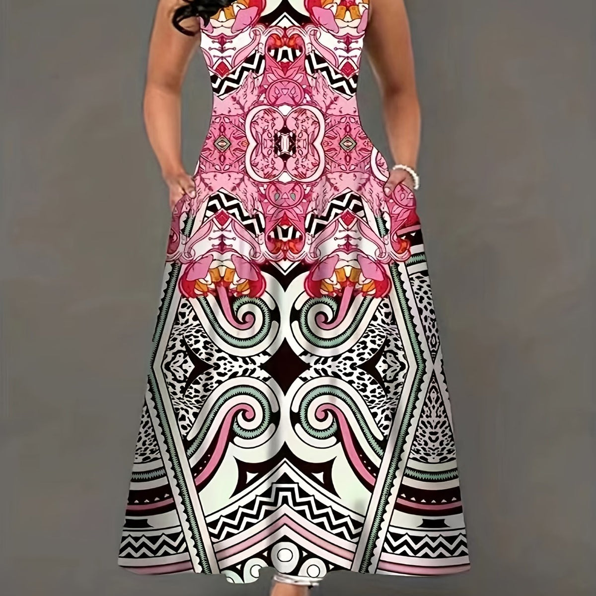  Geometric Print Cut Out Round Neck Tank Dress