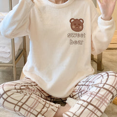 Teddy Bear Pattern Pajamas & Plaid Pants Set