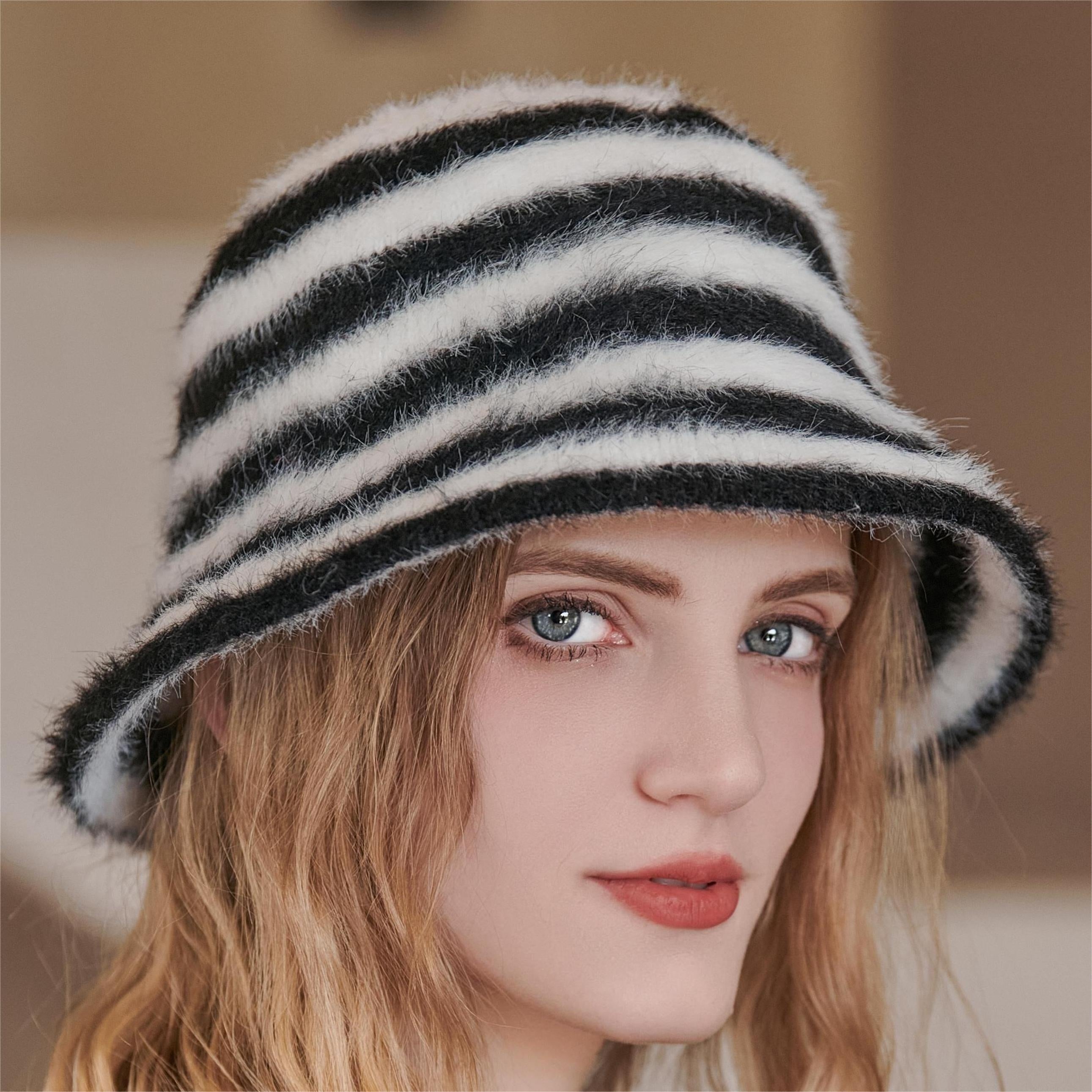 Striped Fisherman Hat Women's Winter Plush Hat