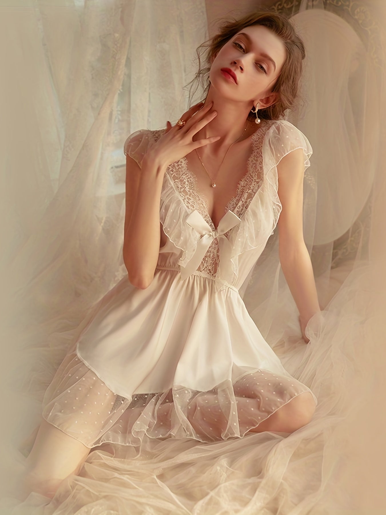 Polka Dot NightDress V Neck Backless Pajama Dress