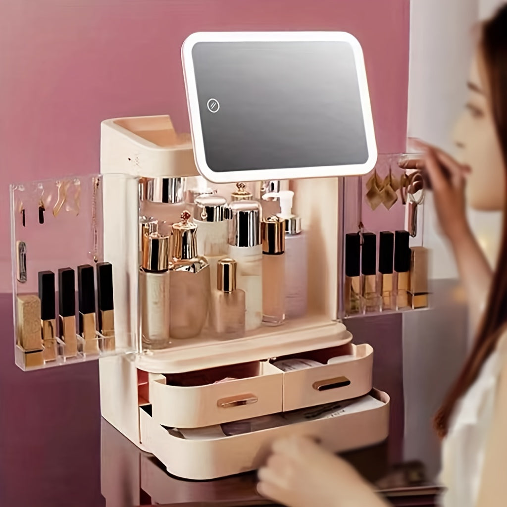 Large Cosmetic Storage Box with Mirror - Home and Travel Organizer