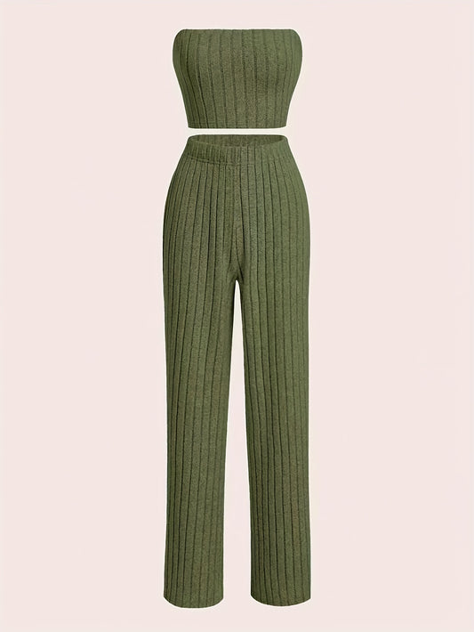 Y2K Ribbed Knit Two-piece Set Off Shoulder Crop Top & High Waist Pants