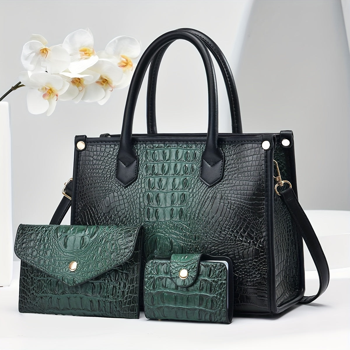 3pcs Crocodile Pattern Faux Leather Handbag Set