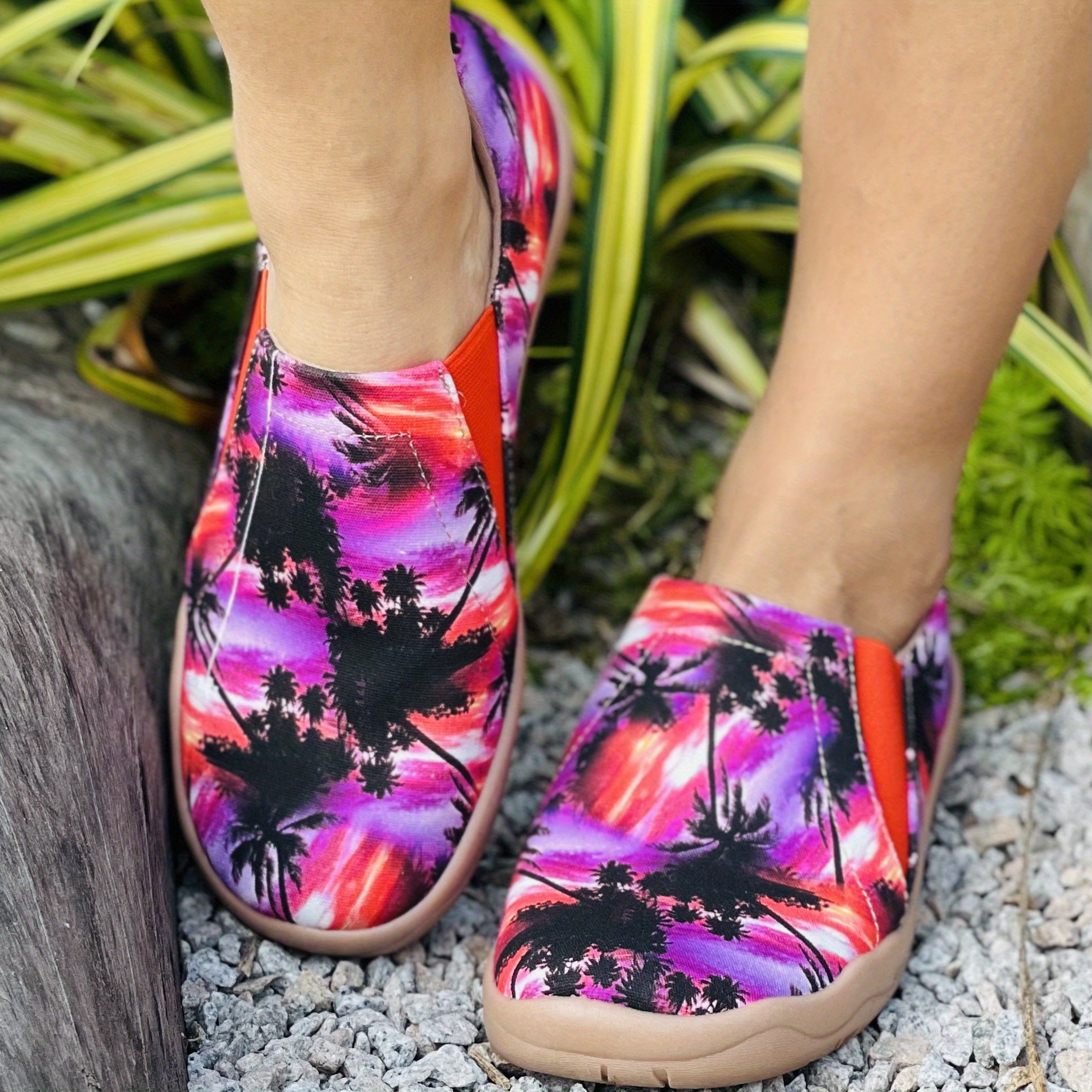 Women's Tie Dye Coconut Tree Slip On Canvas Shoes Lightweight Round Toe Flat