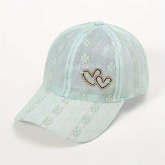 Lace Floral Embroidered Baseball Cap Heart Label Mesh Overlay Breathable Sun Hat