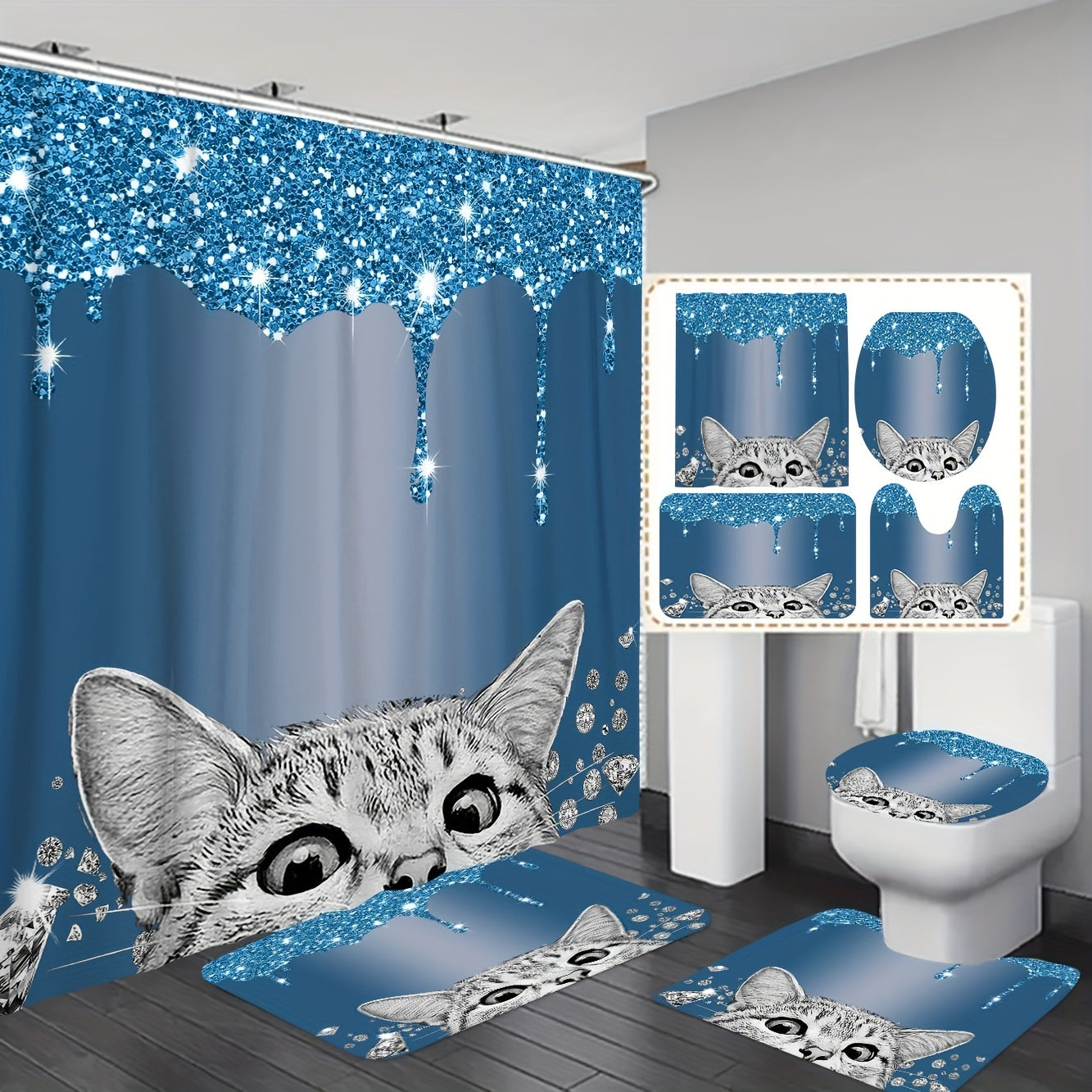 4pcs Cat Shower Curtain Set with Bathroom Decor