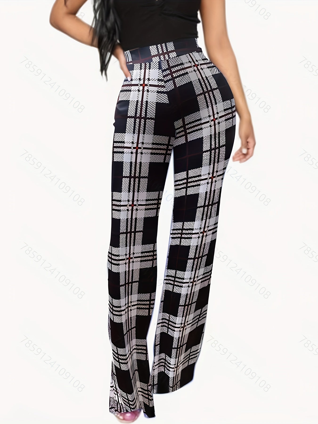  Plaid Print High Rise Wide Leg Trousers