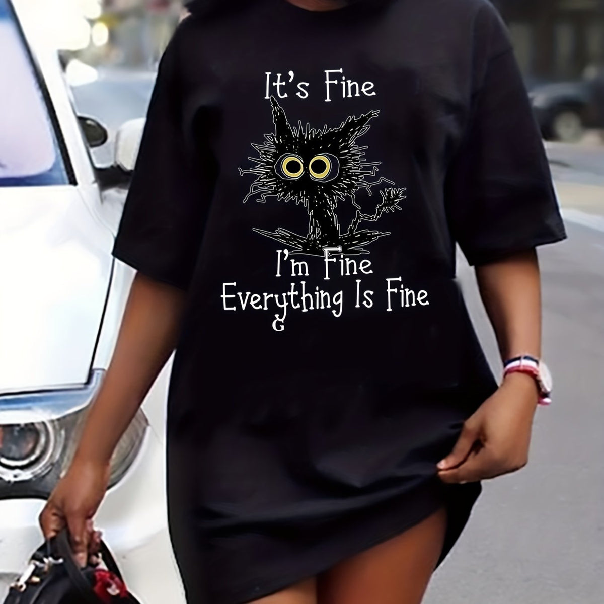  Cat & Letter Print Tee Dress