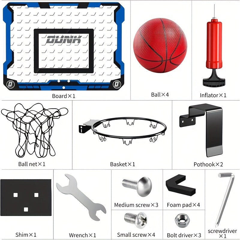 Indoor Basketball Hoop Set with 4 Balls, Complete Accessories