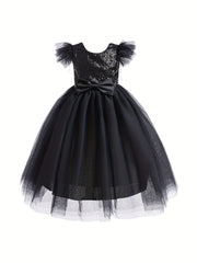Girls Sleeveless Princess Dress Sequin Bow Belt Gothic Style