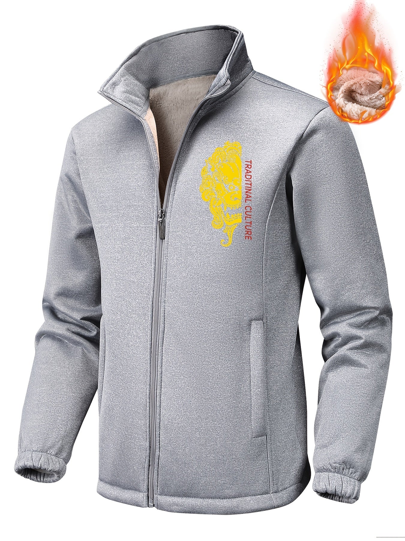 Men's Rose Print Fleece Zip Up Jacket Thermal Outerwear For Winter