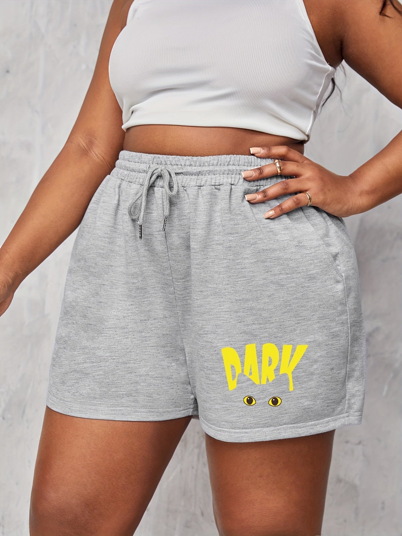Plus Cat & Letter Print Drawstring High Rise Sporty Shorts
