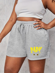 Plus Cat & Letter Print Drawstring High Rise Sporty Shorts