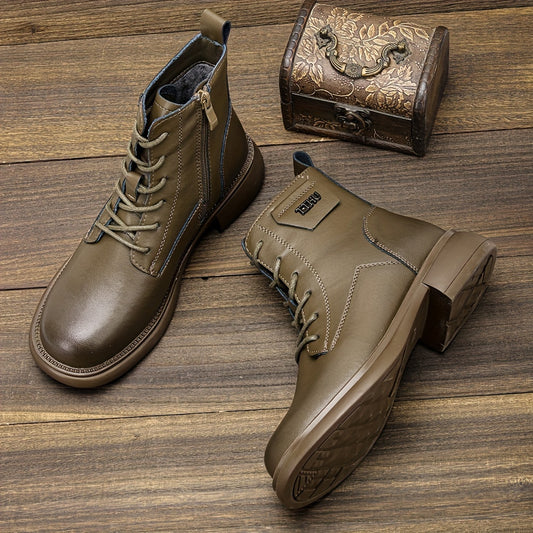 Women's Chunky Heel Lace-Up Side Zipper Leather Boots