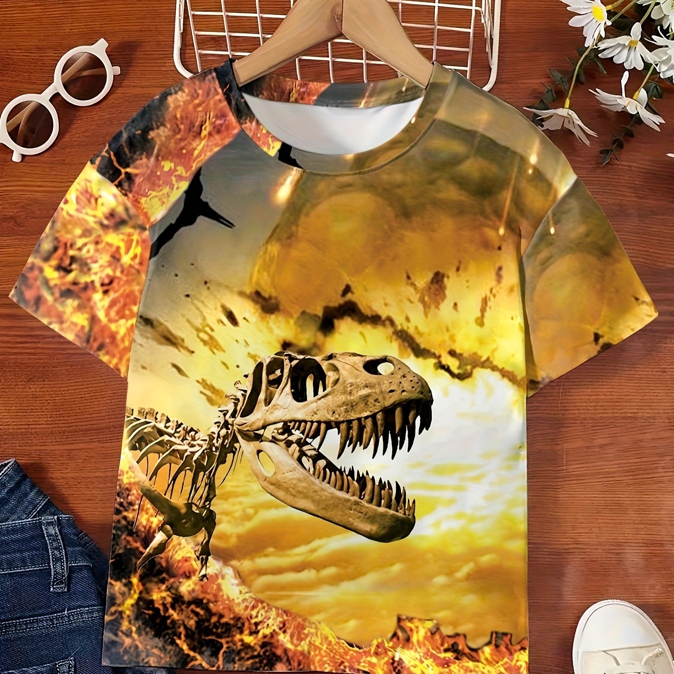 3D Skeleton Dinosaur Graphic Tee Kids Summer Gift