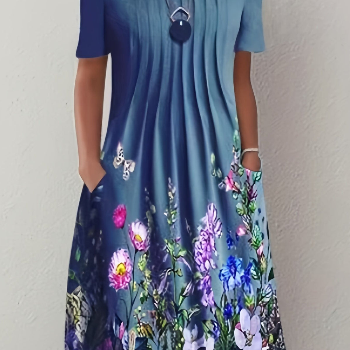 Floral Print Dress with Pockets - Plus Size