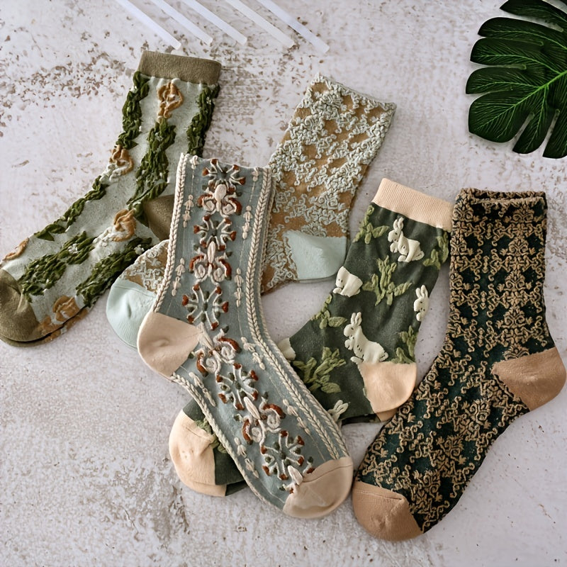 5 Pairs Floral Print Comfy Mid Tube Socks Women's Stockings