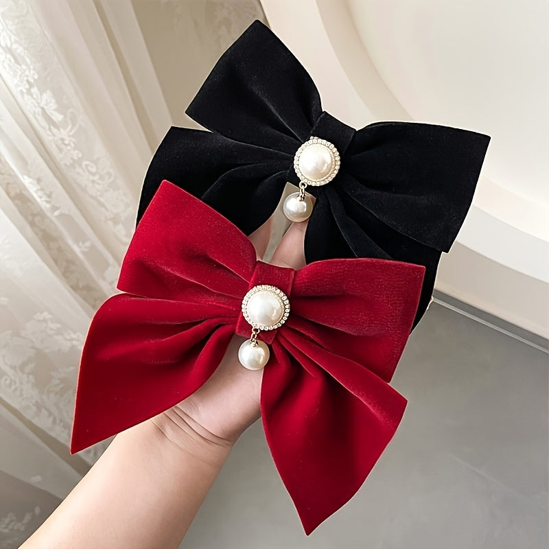 2pcs Vintage Big Hair Bow Clips Velvet Faux Pearl Hair Pins