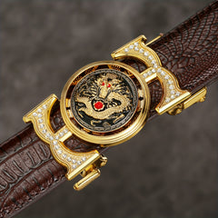 Dragon Embossed Auto Buckle Belt Faux Diamond Inlaid Pu Leather Waist Strap