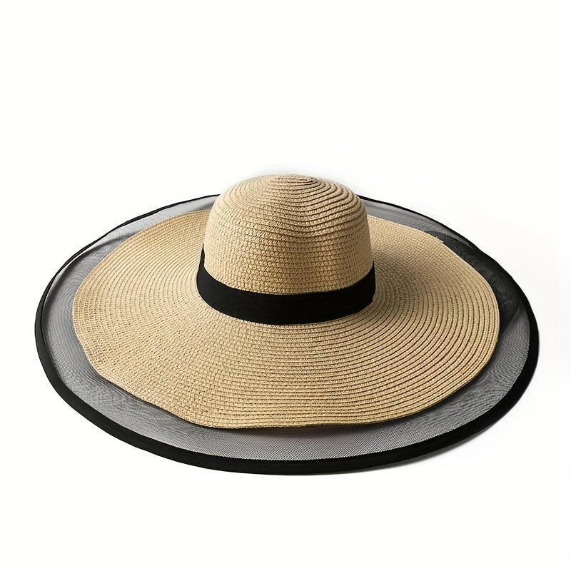Oversized Mesh Brim Sun Hat Solid Vintage Straw Floppy Summer Travel