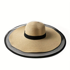 Oversized Mesh Brim Sun Hat Solid Vintage Straw Floppy Summer Travel