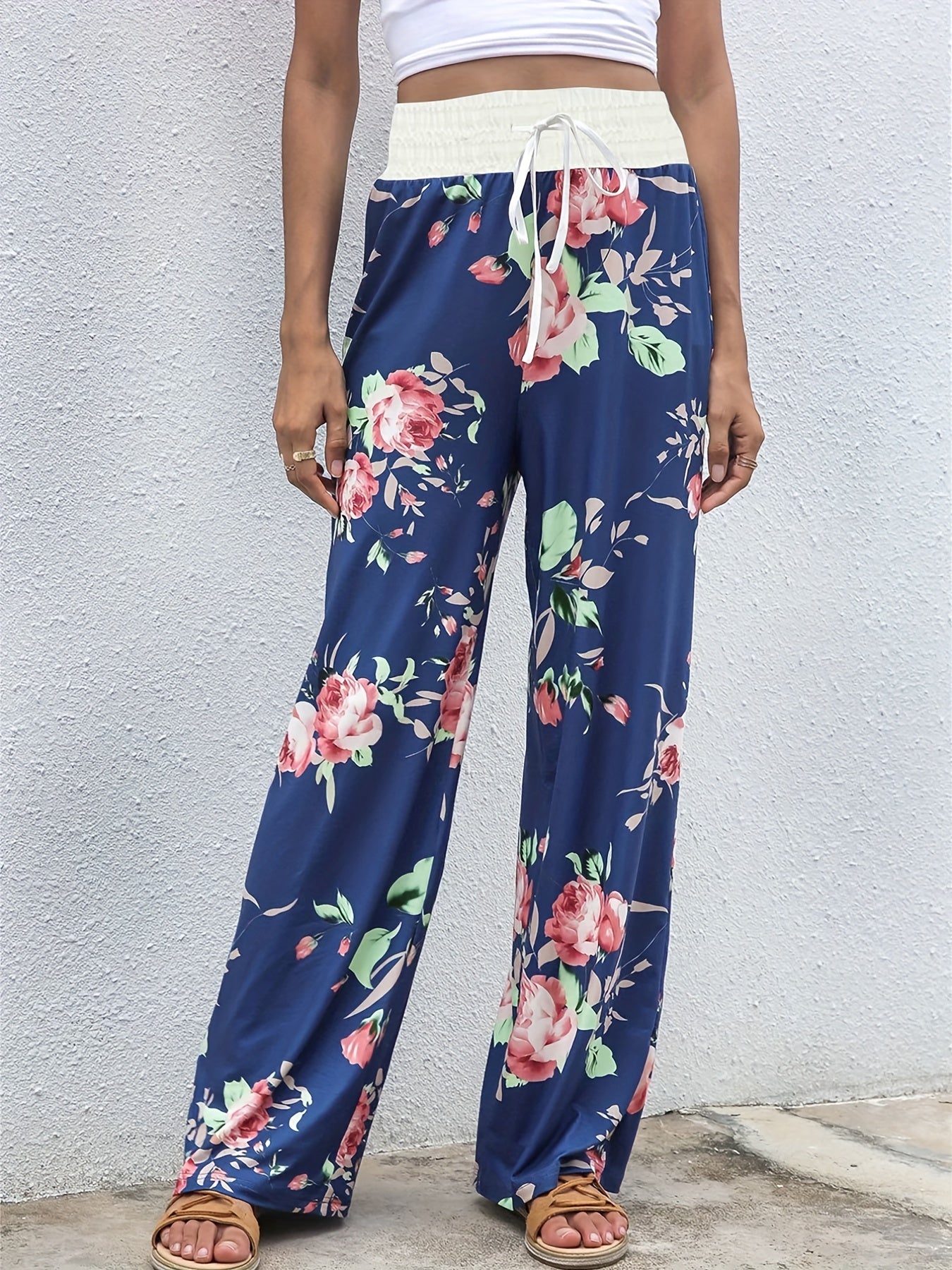  Floral Print Wide Leg Trousers Elastic Drawstring High Rise Pants