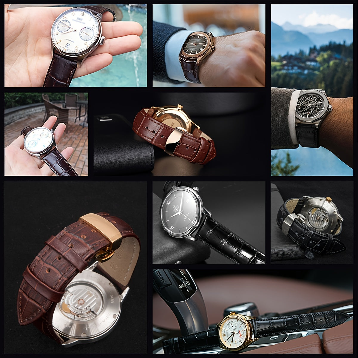 Ruyosn Leather Replacement Strap with Folding Clasp for Men's Watch