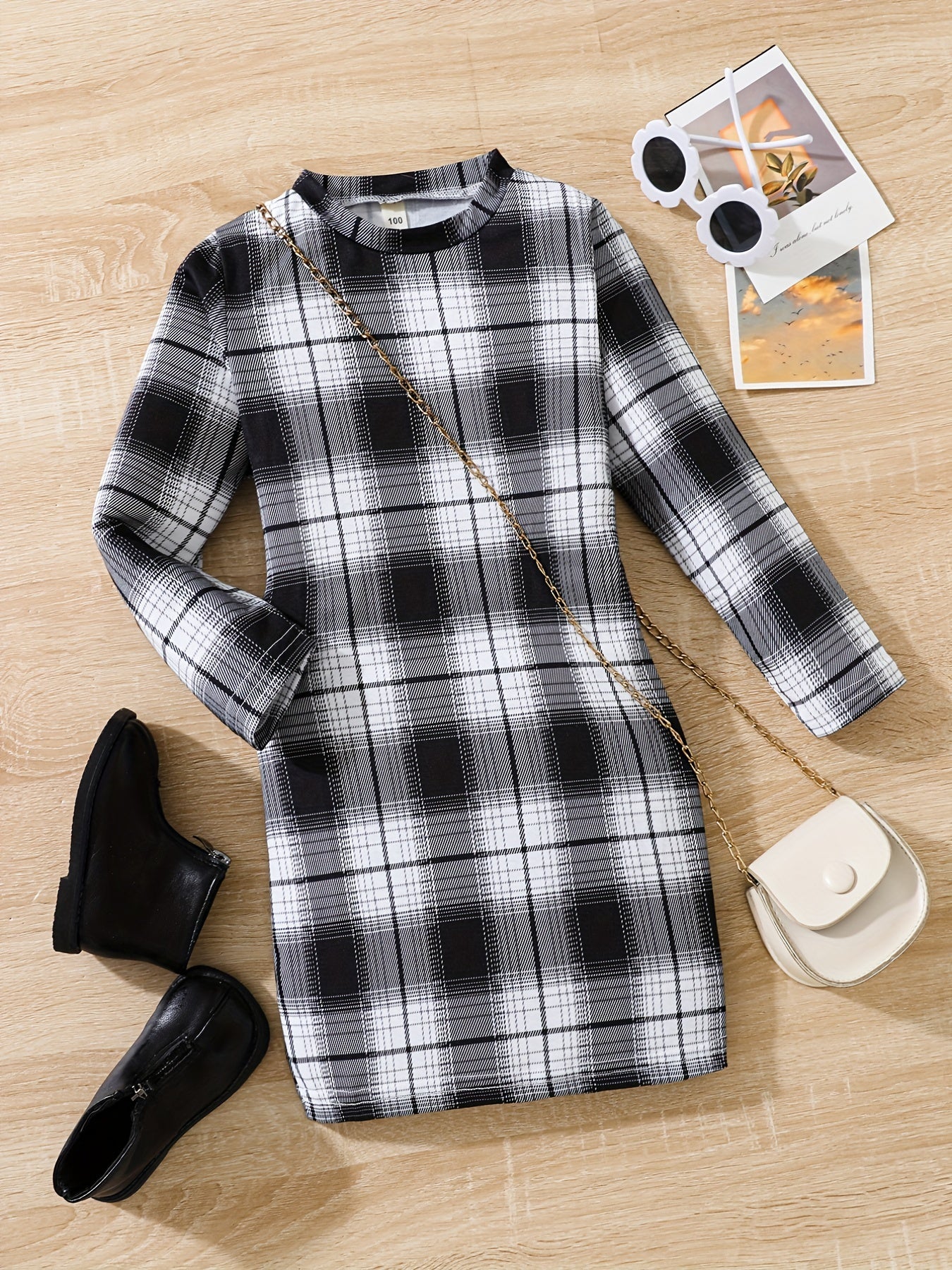 Girl's Plaid Bodycon Dress for Party - Long Sleeve