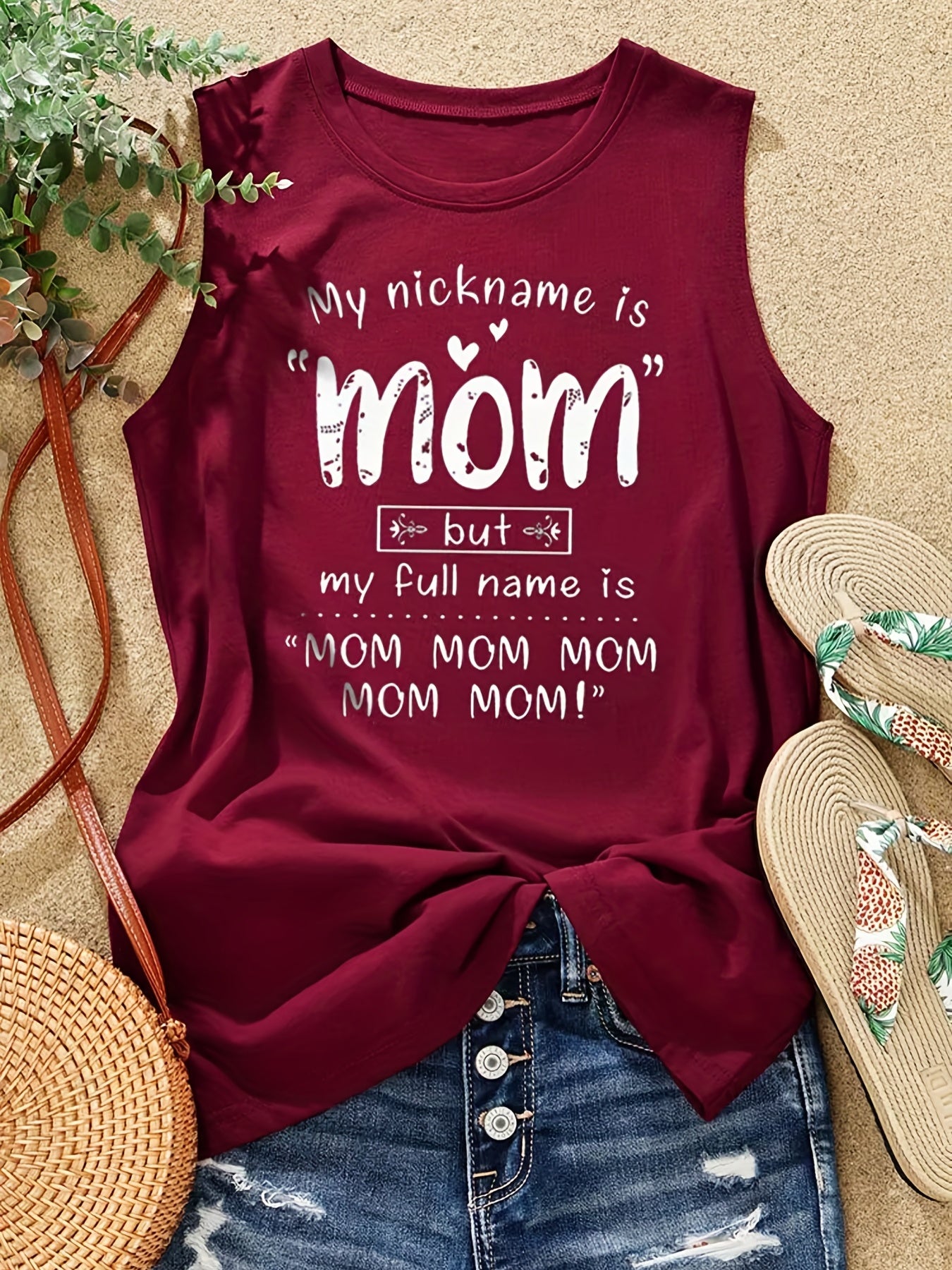 Mom Letter Print Tank Top Crew Neck Summer Sleeveless Top