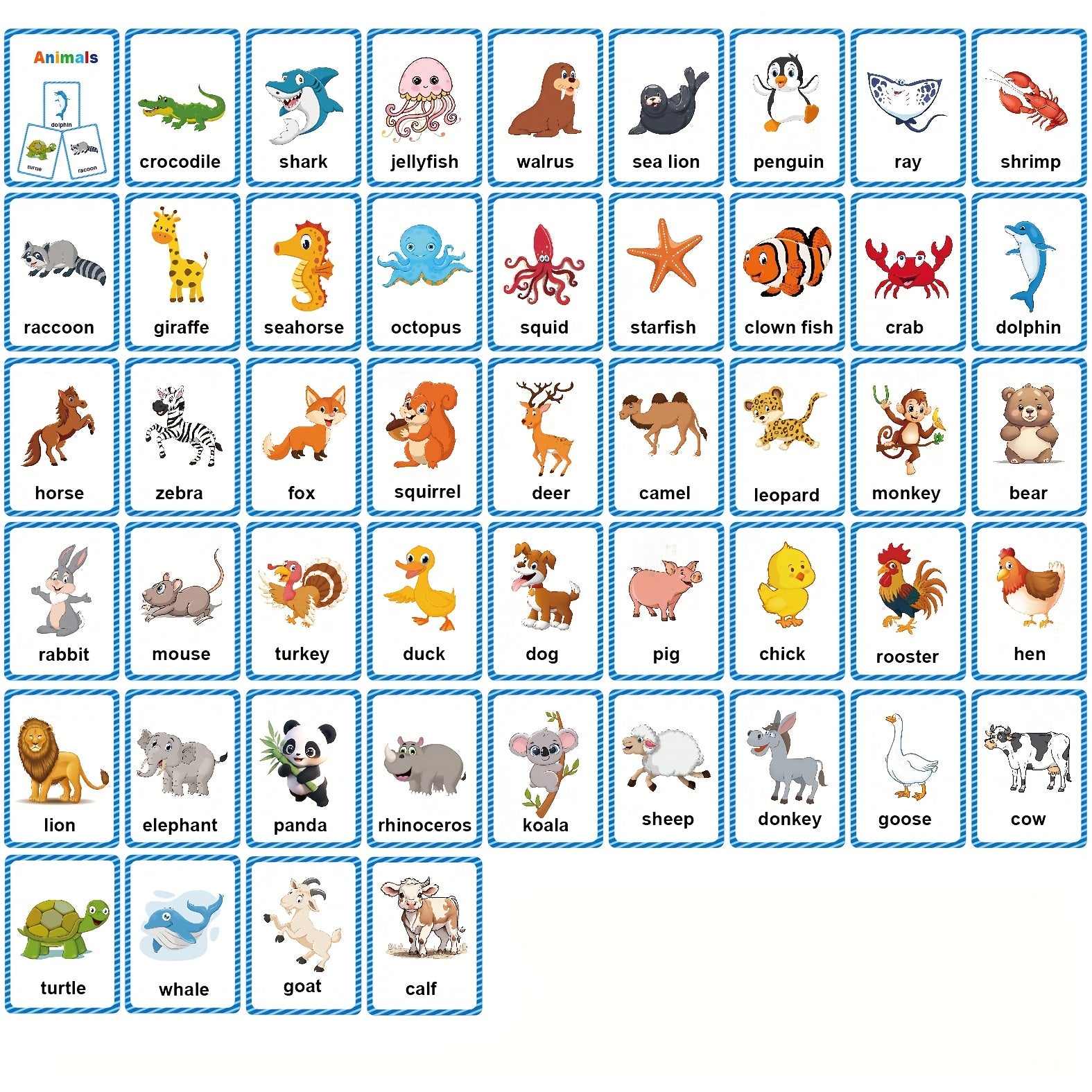 Animal Themed Learning Flashcards for Beginning Reading - 25 Cards