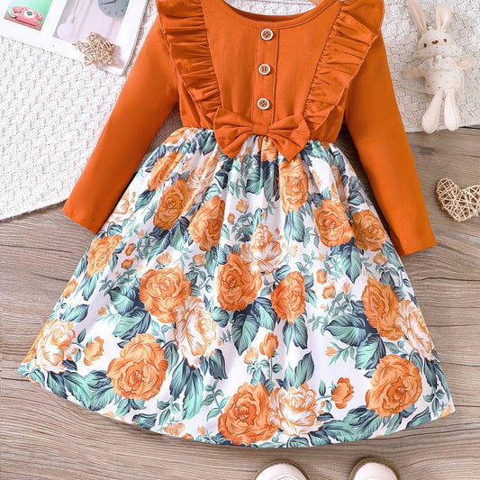 Girls' Floral Print Crewneck Long Sleeve Casual Dress