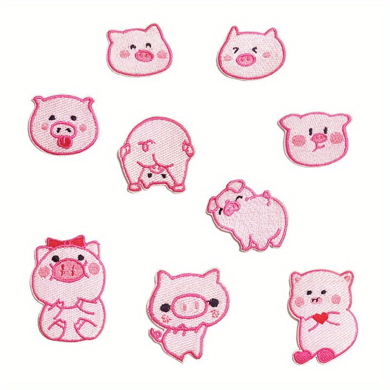 9pcs Pink Piglet Iron On Patches For Girls Sew On Embroidered Applique