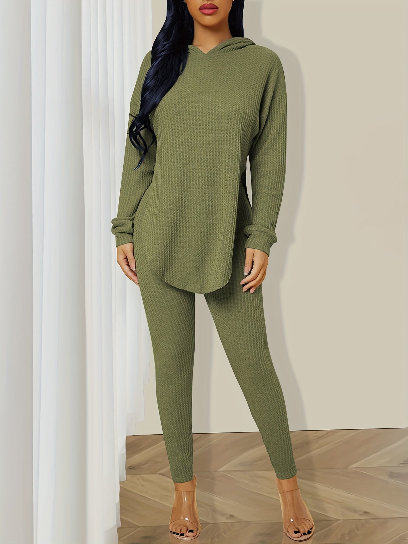 Solid Casual Two pieceSet Split Hooded Long Sleeve Tops & Slim Long Length Pants
