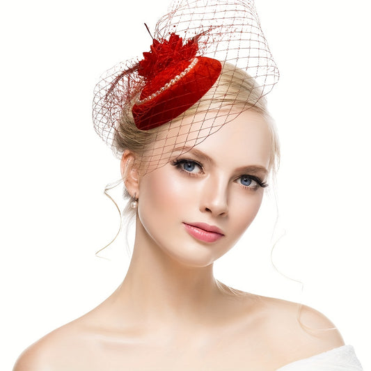 Red Mesh Feather Hat With Pearl Veil Hair Accessories