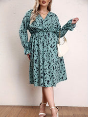  Leopard Print Lantern Sleeve Surplice Neck Dress