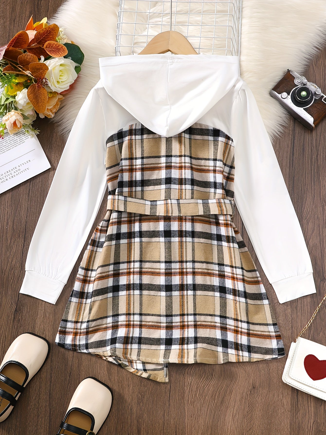 Plaid Hoodie Dress Tween Girls A Line Casual Belted Dress
