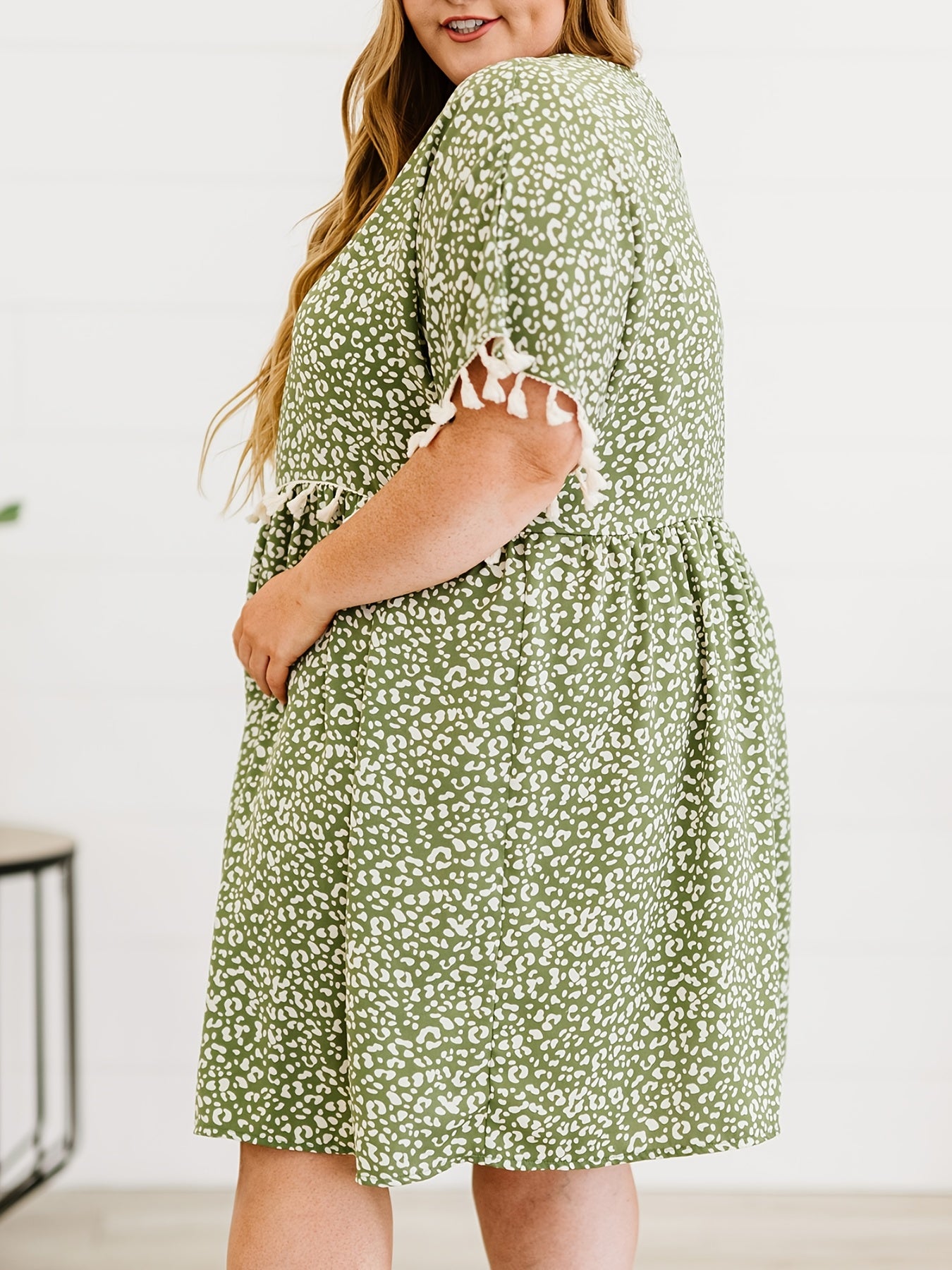  Leopard Print Fringe Trim Midi Dress